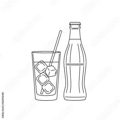 Outline drawing of a glass with ice cubes and a straw next to a classic soda bottle, vector illustration
