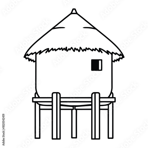 Traditional hut on stilts with thatched roof, isolated on