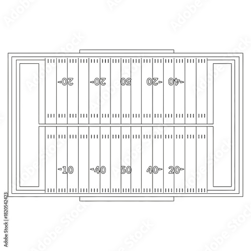 Outline drawing of an american football field with yard lines and end zones, vector illustration