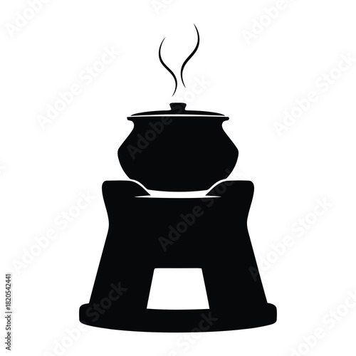 Cooking pot steaming on an angular stove, black silhouette, traditional kitchenware