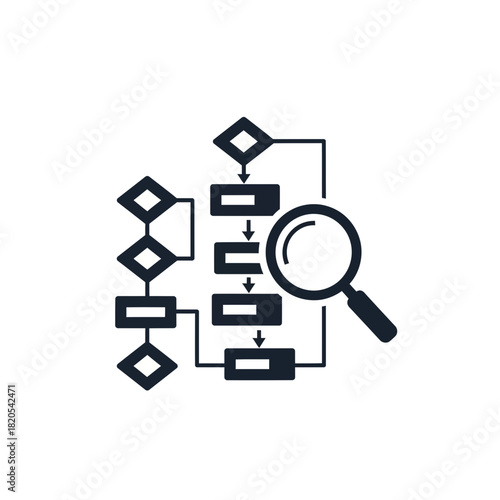 Magnifying glass examining flowchart process diagram for analysis, inspection, and quality control concept icon vector illustration