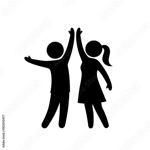 Silhouette icon of two people, a man and a woman, celebrating success with a high five vector illustration
