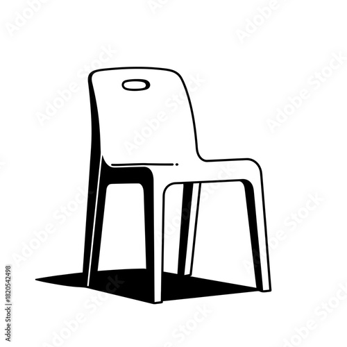 Black and white line art illustration of a modern plastic chair with a handle cutout in the back, vector illustration