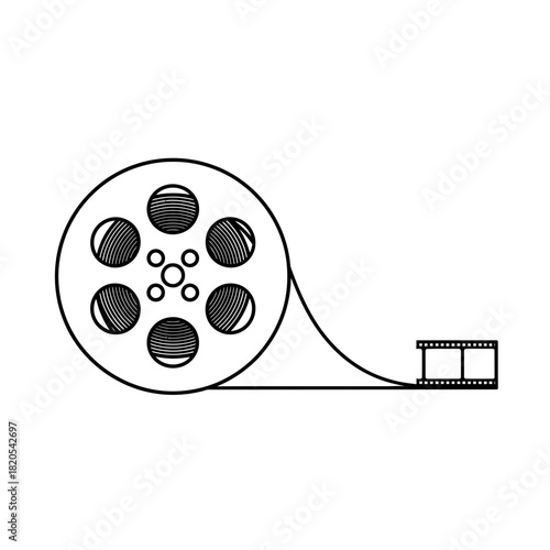 Black and white line art icon of a film reel with movie strip unwinding, vector illustration