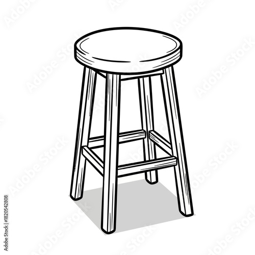 Hand drawn sketch of a wooden round bar stool with four legs and footrest, vector illustration