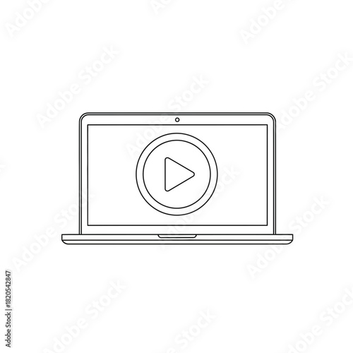 Outline icon of a laptop computer displaying a large play button symbol on the screen, vector illustration