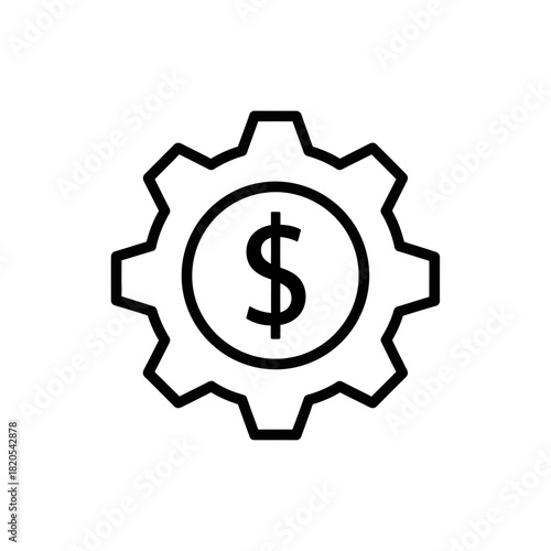 Outline icon of a gear mechanism with a dollar sign inside, symbolizing finance setting or cost management vector illustration