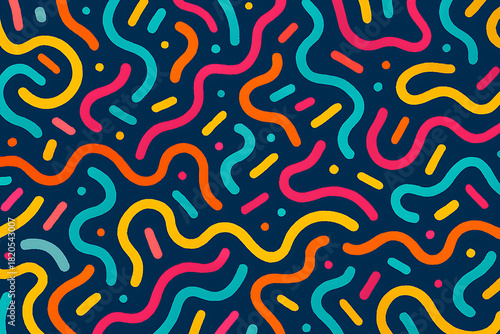 Colorful Wavy Lines and Dots Pattern on Dark Blue Background