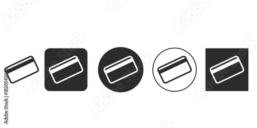 Black and white credit card icon set for UI design | Minimalist financial transaction digital graphics | E-commerce payment method symbol vector illustration | Debit card and banking icon variations 