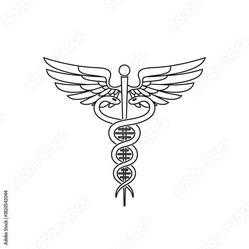 Outline drawing of caduceus symbol with intertwined snakes forming a dna double helix structure, vector illustration