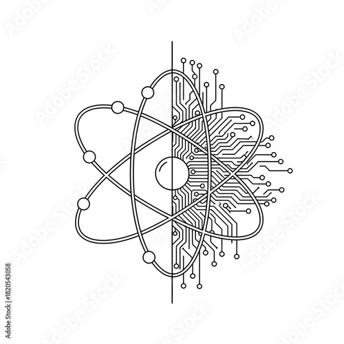 Conceptual black and white line art combining atomic structure with electronic circuit board design vector illustration