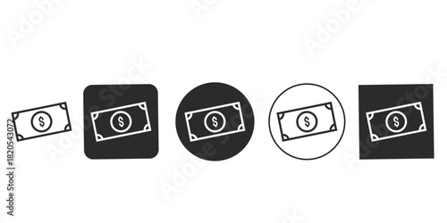Black and white dollar bill icon set for financial apps | Outline and solid money currency vector graphics | US banknote symbol for payment and banking interfaces | Five different styles of cash 