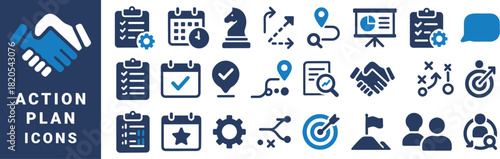 Blue and white action plan icons on dark blue background with text handshake clipboard