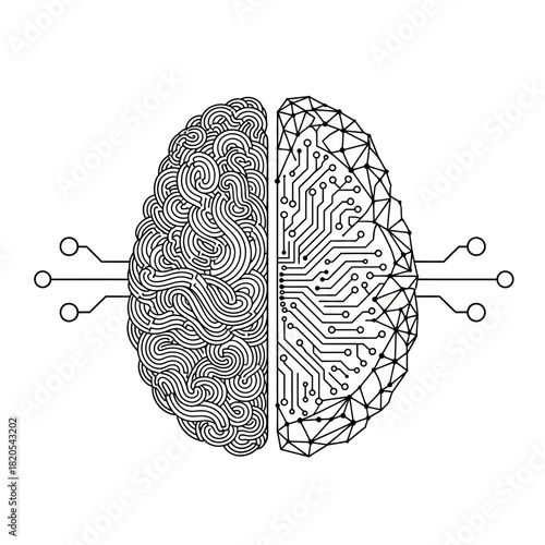 Conceptual illustration of human brain duality comparing organic thinking with digital artificial intelligence and technology vector illustration