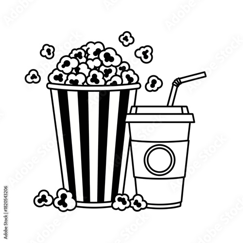 Black and white line art illustration of a large striped popcorn bucket next to a disposable drink cup with a straw, vector illustration