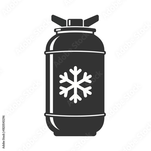 Black and white icon of a cryogenic tank or gas cylinder with a snowflake symbol for cold storage or liquid nitrogen vector illustration