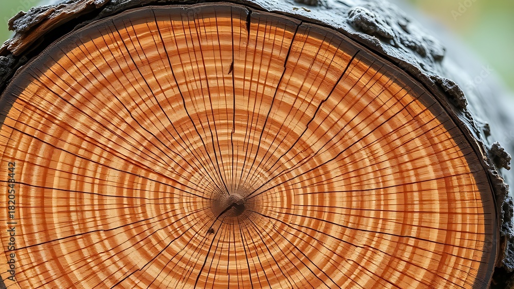 Naklejka premium crosssection. A detailed cross-section of a tree stump, highlighting natural wood grain and age rings in even lighting. gardening catalogs.