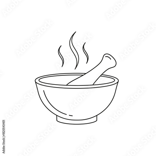 Outline icon of a steaming mortar and pestle used for grinding herbs or spices, vector illustration