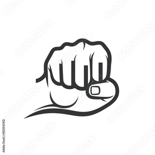 Black and white line art icon of a clenched fist punching forward, vector illustration