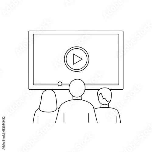 Three person silhouette watching video playback on a large screen or monitor with a play button icon, vector illustration