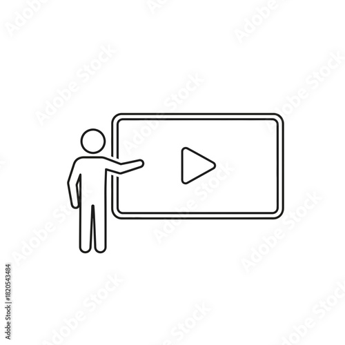 Outline icon of a person pointing to a video player screen with a play button, vector illustration