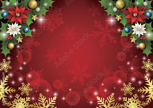 クリスマス背景、下雪の結晶、赤、ポインセチア、上柊、かわいい、イラスト、横