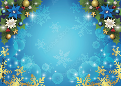 クリスマス背景、下雪の結晶、青、ポインセチア、上柊、かわいい、イラスト、横