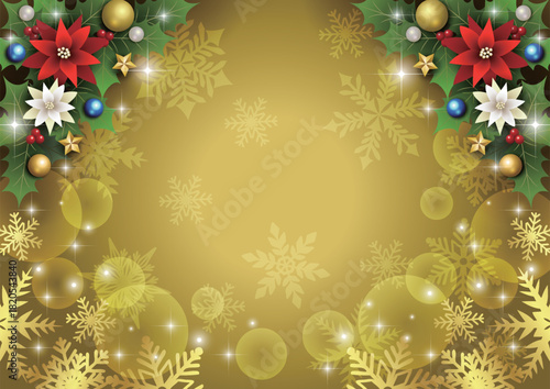 クリスマス背景、下雪の結晶、金、ポインセチア、上柊、かわいい、イラスト、横