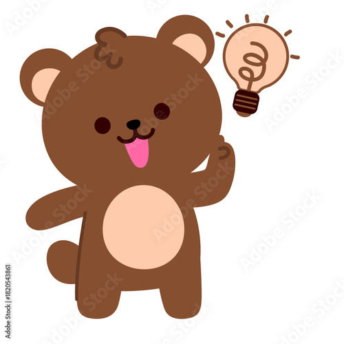 Creative brown bear holding a bright idea lightbulb, great for education themes, innovation messages, learning materials, motivational graphics, children’s designs, and fun cartoon illustrations.