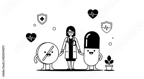 Medical cartoon doctor with pills for healthcare and treatment