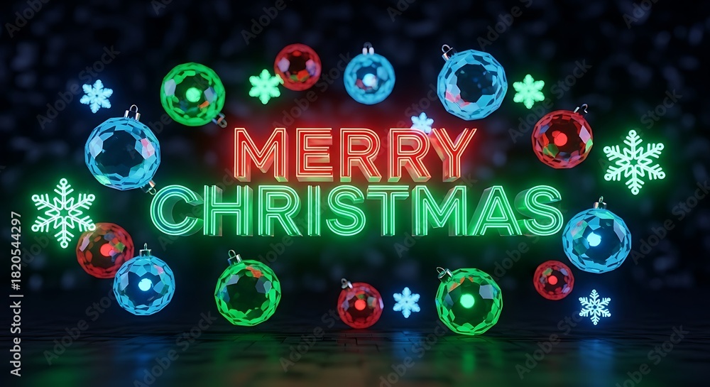 Fototapeta premium Vibrant neon merry christmas sign surrounded by sparkling ornaments and snowflakes on a dark background