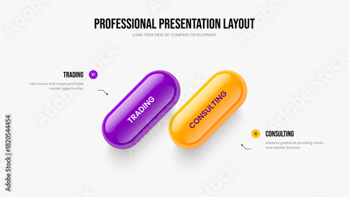Advertising Profile Slide Design Vector Illustration. Financial Insight Two Option Diagram Slideshow Layout. Modern Introduction 2 Element Infographic Frame Template.