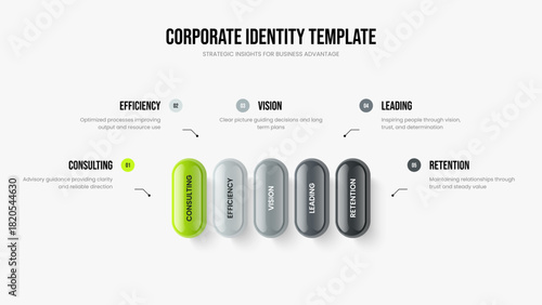 Corporate Plan 5 Step Diagram Frame Layout. Creative Insight Slideshow Template Vector Illustration. Advertising Performance Five Element Infographic Presentation Design.