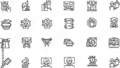 Home chores and daily activities black line icon set, with washing clothes, making coffee, social networking, sleeping, gaming, dog walking, and routine tasks collection.
