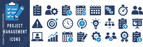 Collection of blue and dark blue project management icons on a dark blue background checklist pencil