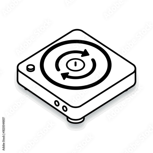 Isometric line icon of a turntable or record player with a circular arrow indicating rotation or repeat function vector illustration