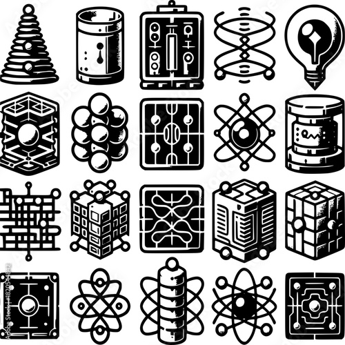 Quantum computing icon set with hardware and concept symbols including dilution refrigerator entanglement and qubit representations
