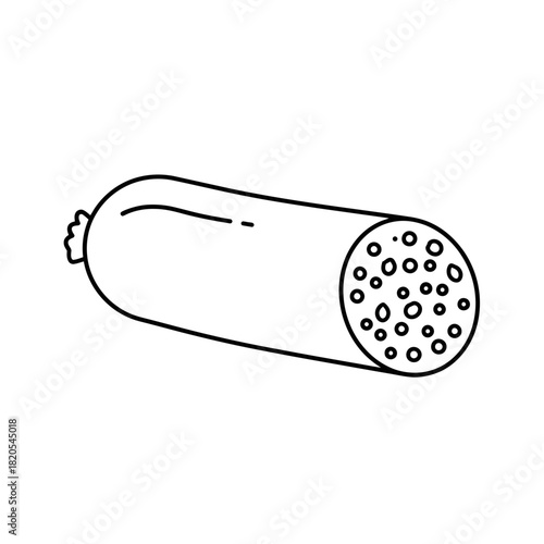 Simple black and white line art icon of a sliced sausage or salami log, vector illustration