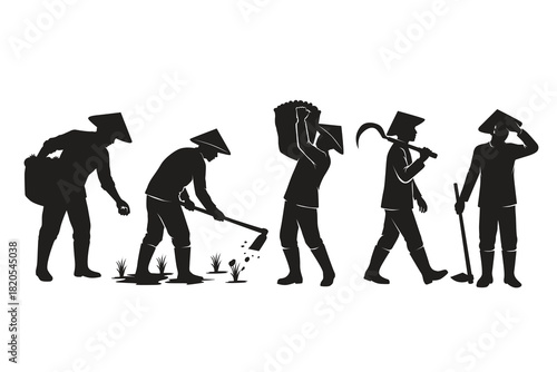 Vector illustration silhouette of farmers working in the field with traditional hats, isolated on white background.