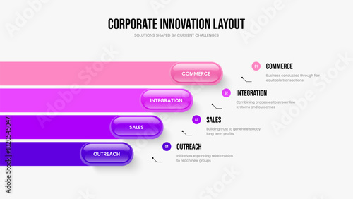 Sales Launch 4 Option Diagram Slideshow Design. Investor Plan Four Element Infographic Presentation Layout. Visual Proposal Slide Template Vector Illustration.