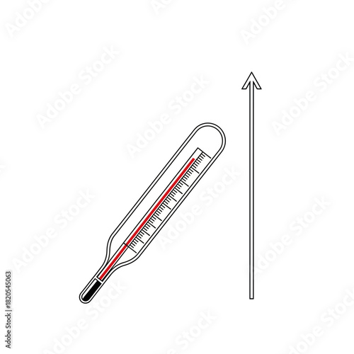 Simple line art icon of a clinical thermometer showing rising temperature next to an upward arrow, vector illustration