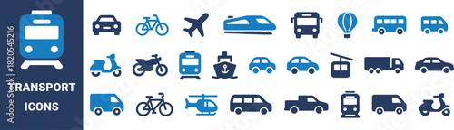 Collection of blue and dark blue transport icons on a dark blue background vehicle transportation