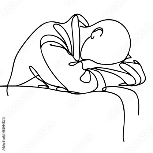 Single line drawing in modern minimalist style of depressed figure conveying low mood and sadness  