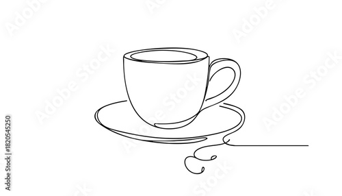  Single line drawing in modern minimalist style of empty coffee cup conveying loneliness on white background with copy space