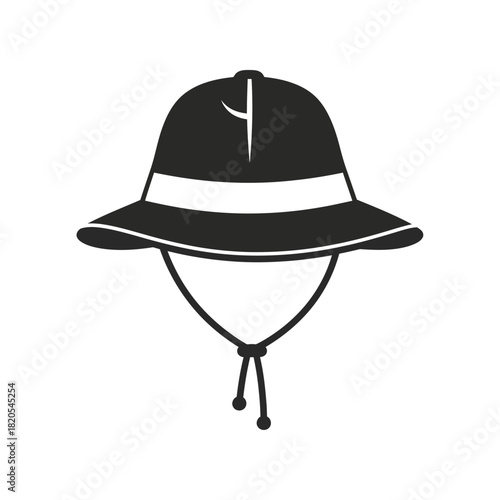 Simple black and white icon of a safari or pith helmet with chin strap, vector illustration