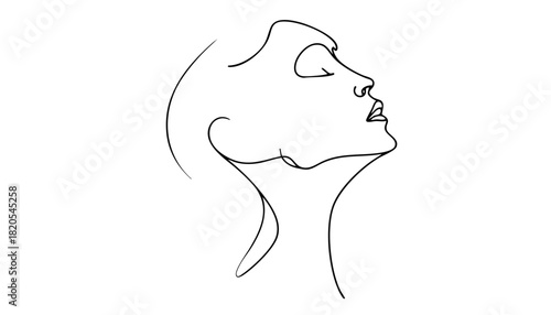 Single line drawing in modern minimalist style of person expressing deep sigh of exhaustion on white background with copy space