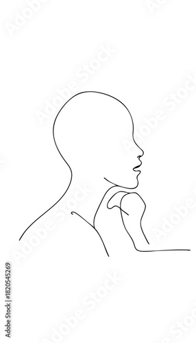 Single line drawing in modern minimalist style of person thinking alone in contemplative pose with copy space