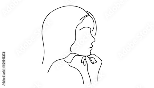 Single line drawing in modern minimalist style of person thinking alone in contemplative pose on white background  