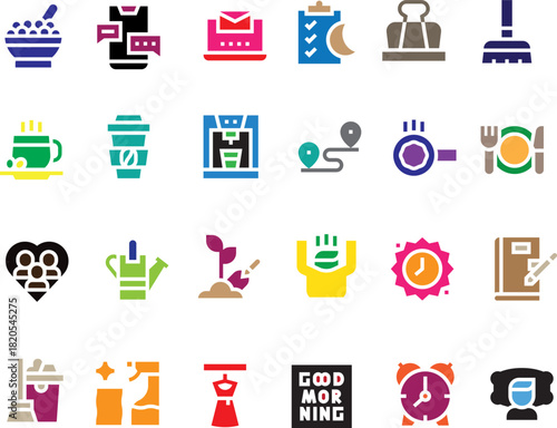 Daily routine and morning activity flat icon set, with breakfast cereal, coffee cup, checklist, watering can, cleaning supplies, alarm clock, and communication tools.