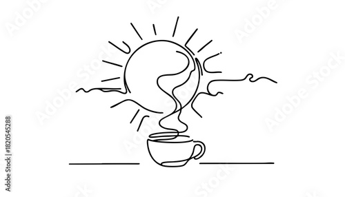 Single line drawing in modern minimalist style of steaming tea cup on sunny day on white background with copy space